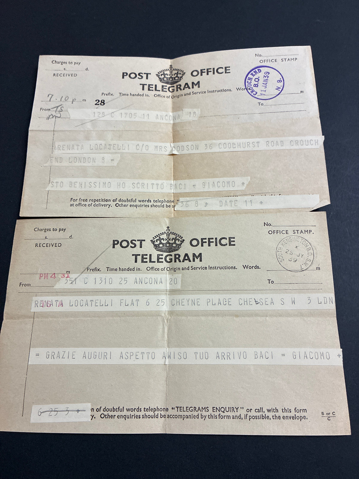 Inghilterra/Regno - Coppia di telegrammi internazionali del 1939
