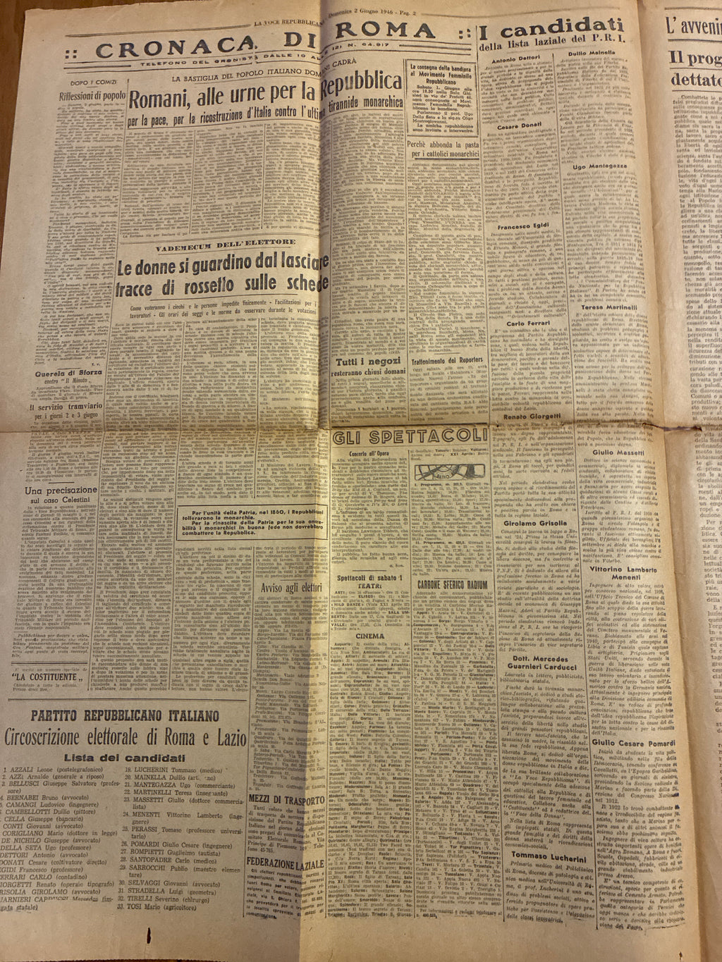 Quotidiano ORIGINALE 2 Giugno 1946 La Voce Repubblicana Referendum COMPLETO