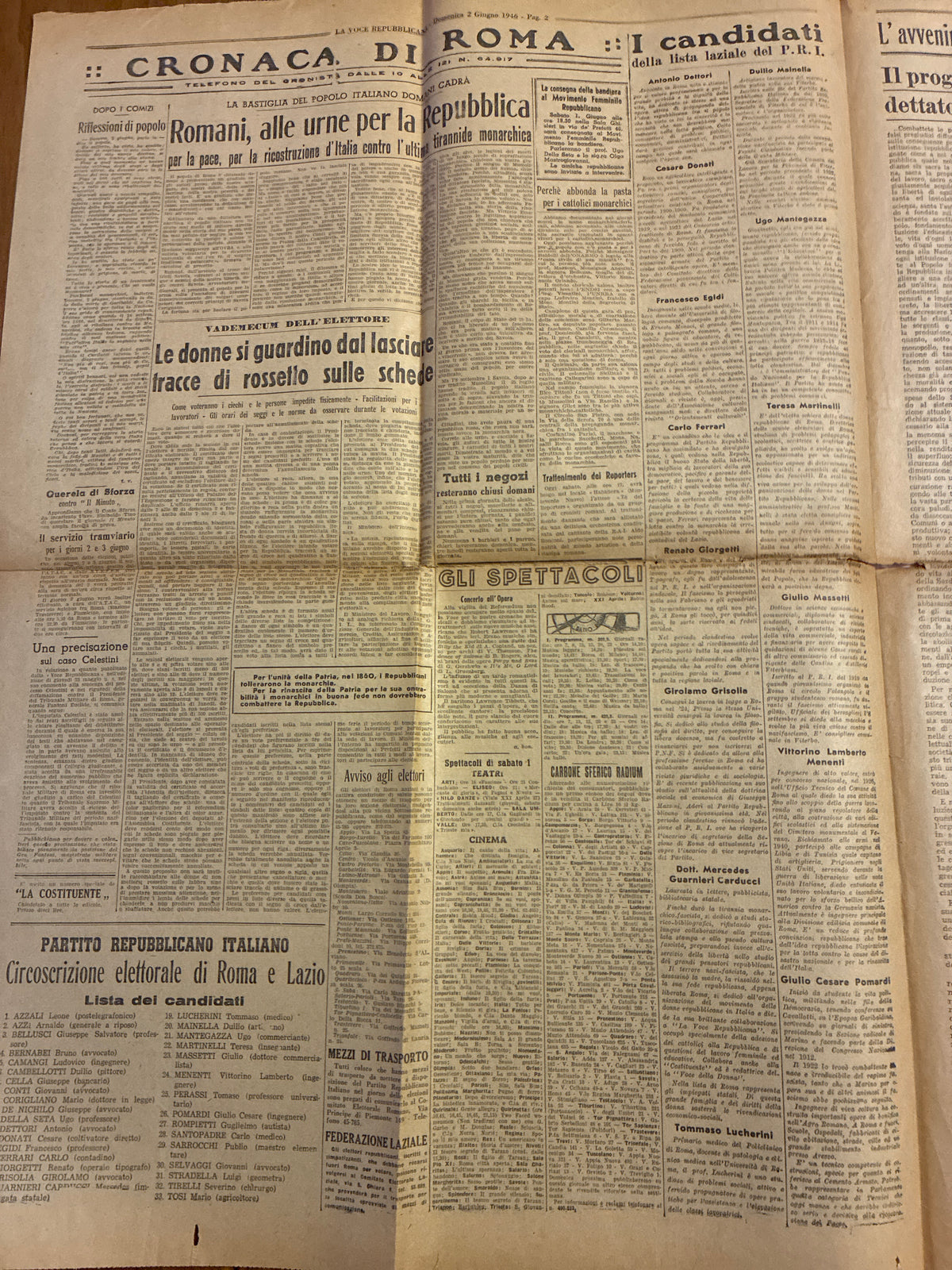 Quotidiano ORIGINALE 2 Giugno 1946 La Voce Repubblicana Referendum COMPLETO