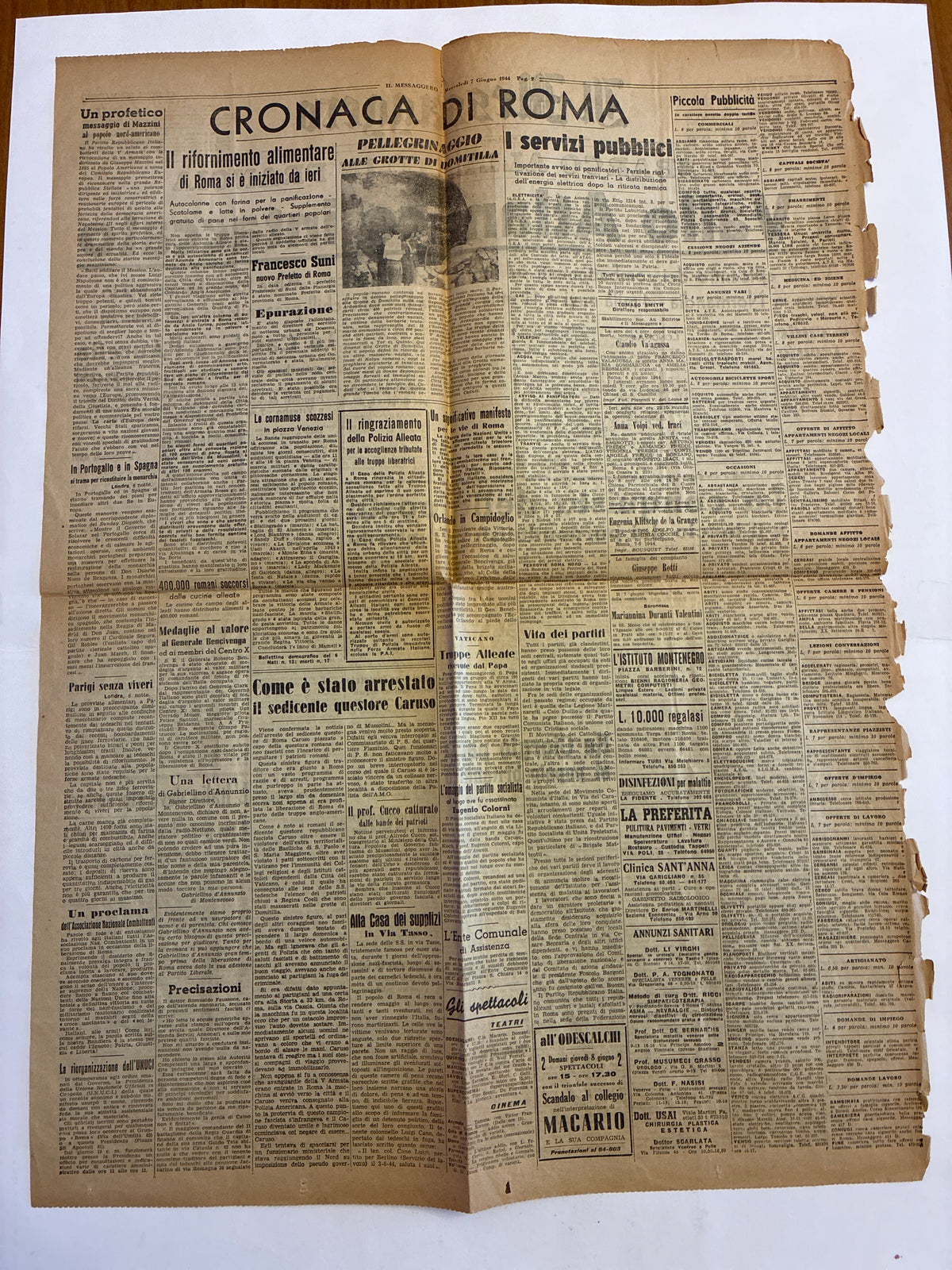 Importante Quotidiano Originale Il Messaggero 7 Giugno 1944 - Edizione Completa Roma - Lo Sbarco in Normandia