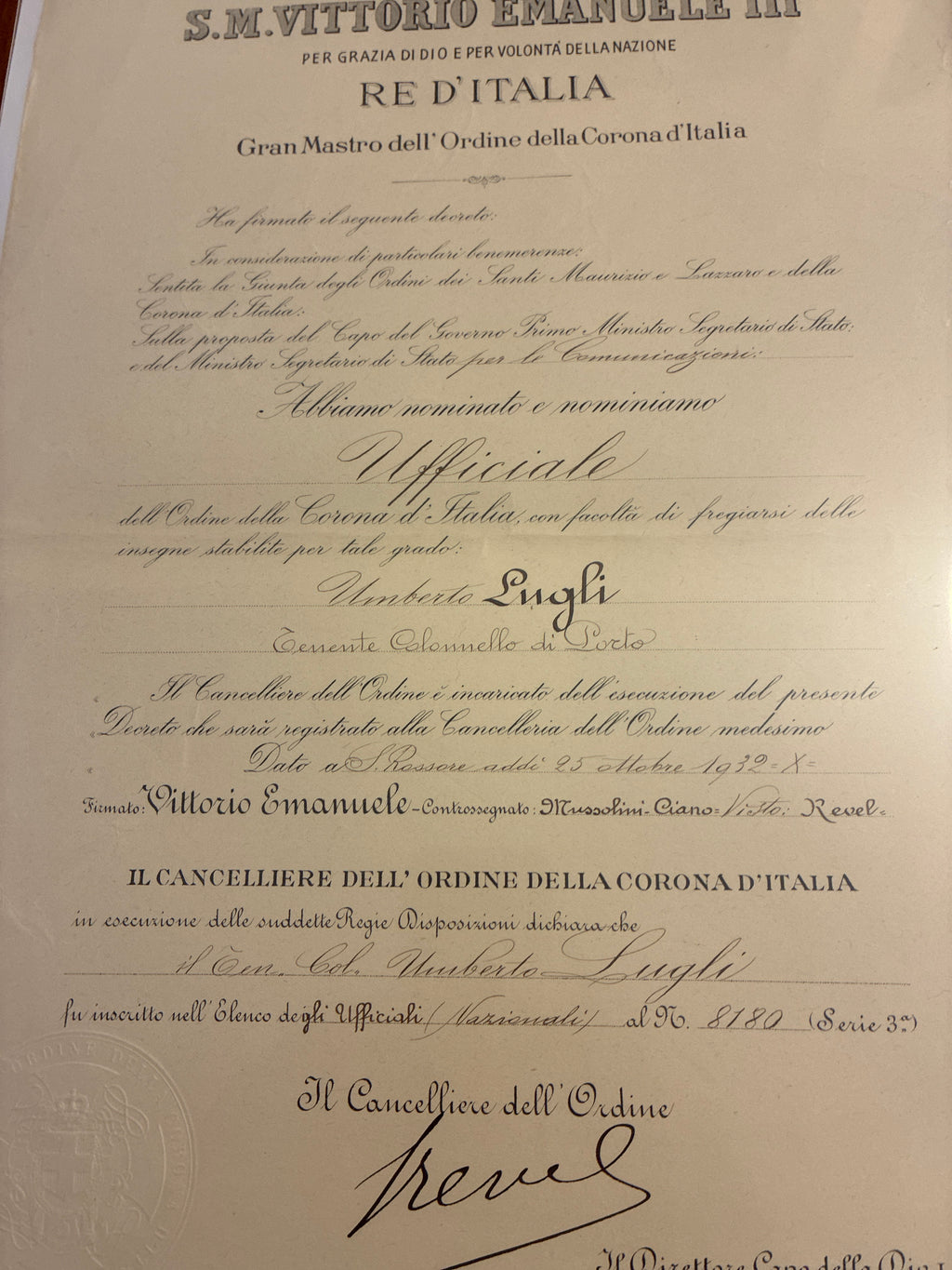 Raro Decreto 1932 Ufficiale Corona d'Italia - Firma Autografa Ammiraglio Revel e Timbro a Secco - Incorniciato Umberto Lugli