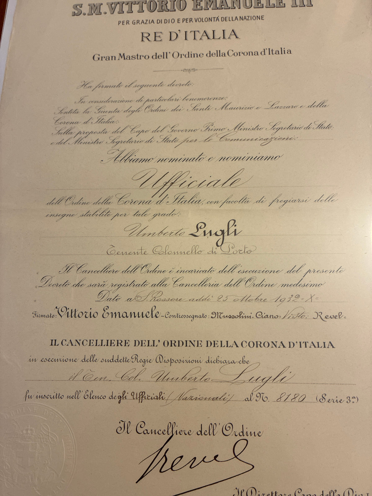 Raro Decreto 1932 Ufficiale Corona d'Italia - Firma Autografa Ammiraglio Revel e Timbro a Secco - Incorniciato Umberto Lugli