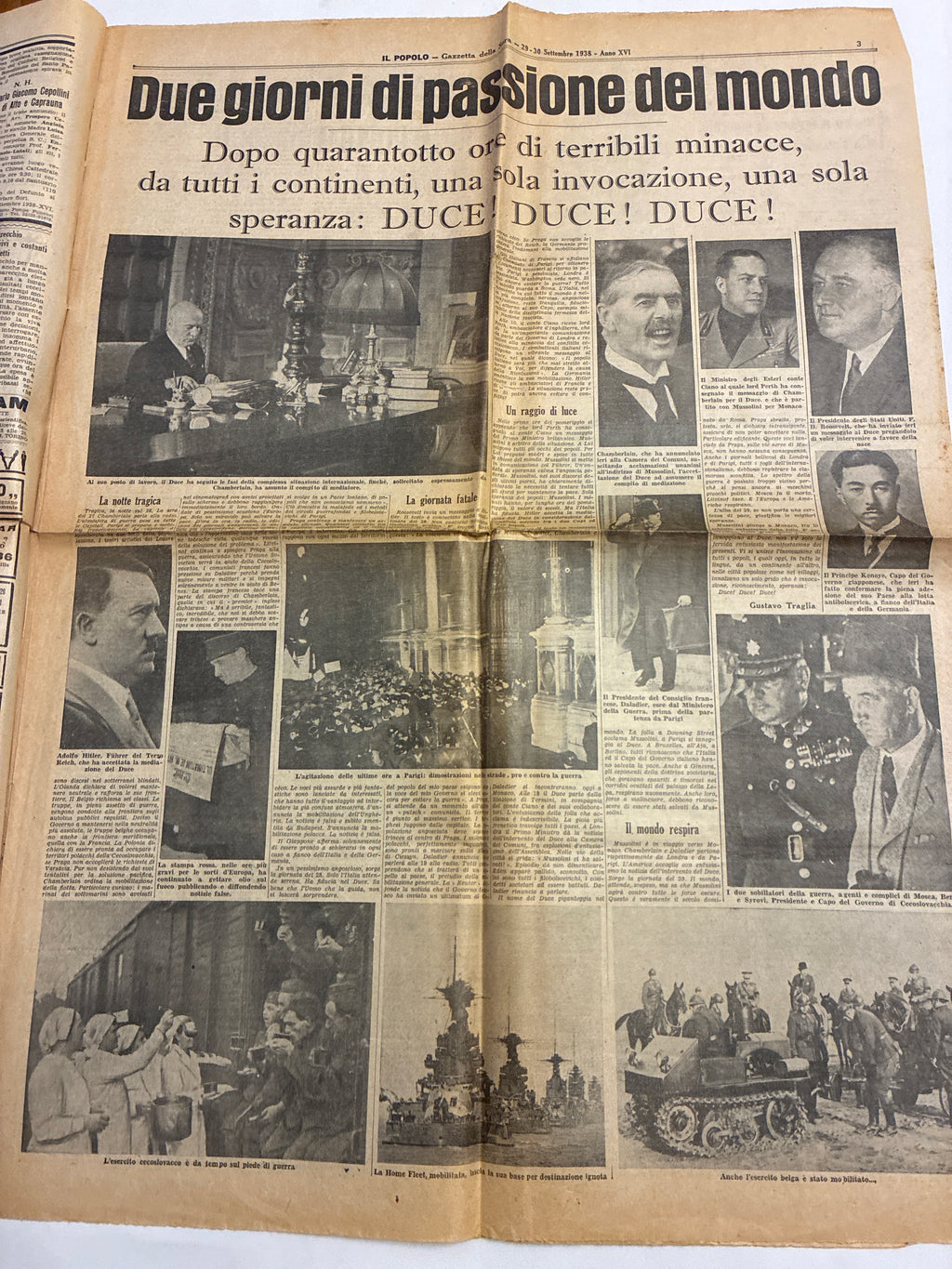 Quotidiano Storico Il Popolo Gazzetta della Sera 29-30 Settembre 1938 Conferenza Monaco Mussolini