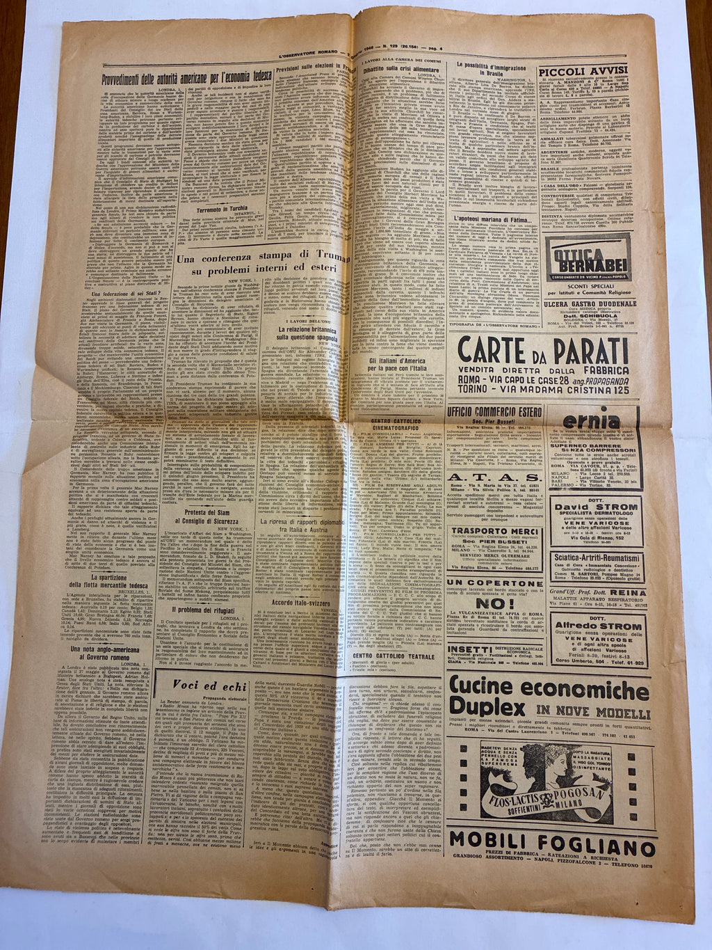 GIORNALE ORIGINALE 2 Giugno 1946 LOsservatore Romano - REFERENDUM PAPA PIO XII