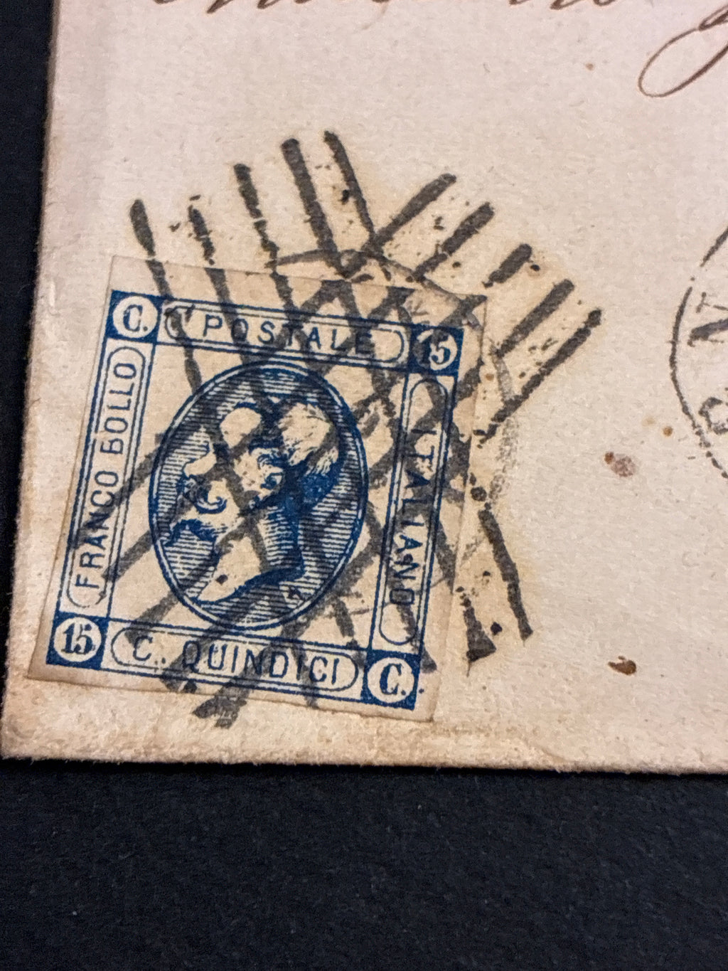 Busta 23/10/1863 Regno d'Italia 15 C. Litografico II Tipo Annullato a Barre con Transito Livorno e Lineare Batini