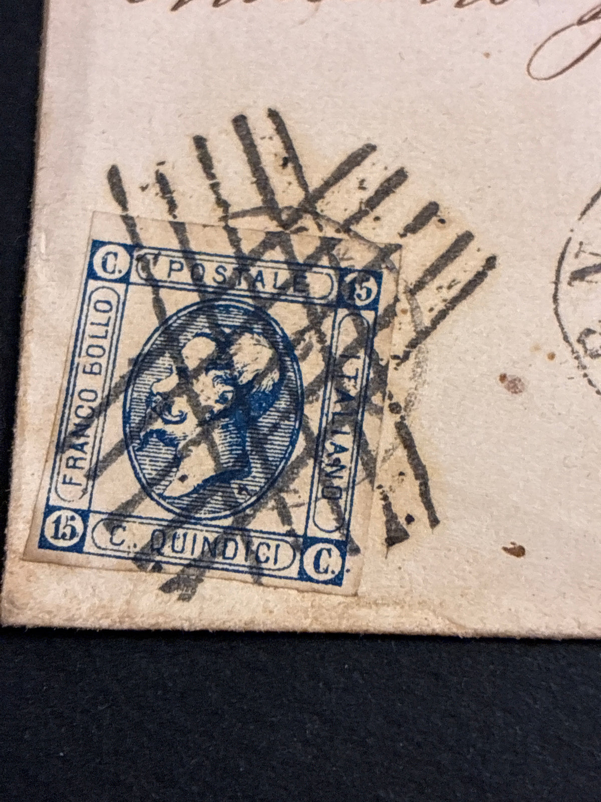 Busta 23/10/1863 Regno d'Italia 15 C. Litografico II Tipo Annullato a Barre con Transito Livorno e Lineare Batini