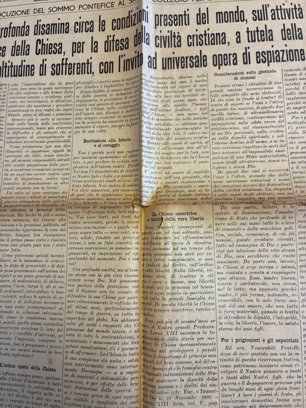 GIORNALE ORIGINALE 2 Giugno 1946 LOsservatore Romano - REFERENDUM PAPA PIO XII