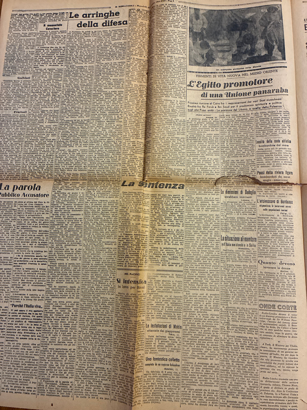 Quotidiano ORIGINALE 12 Gennaio 1944 Il Messaggero Processo di Verona Ciano Condannato COMPLETO