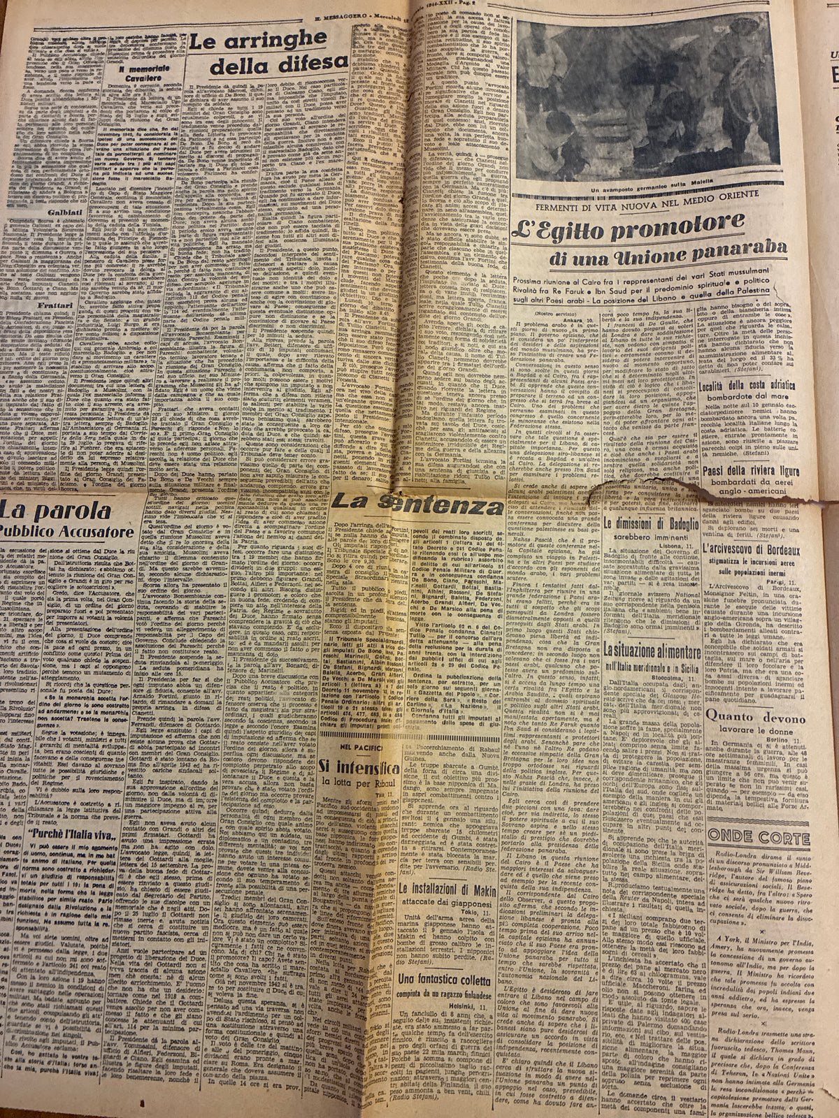 Quotidiano ORIGINALE 12 Gennaio 1944 Il Messaggero Processo di Verona Ciano Condannato COMPLETO