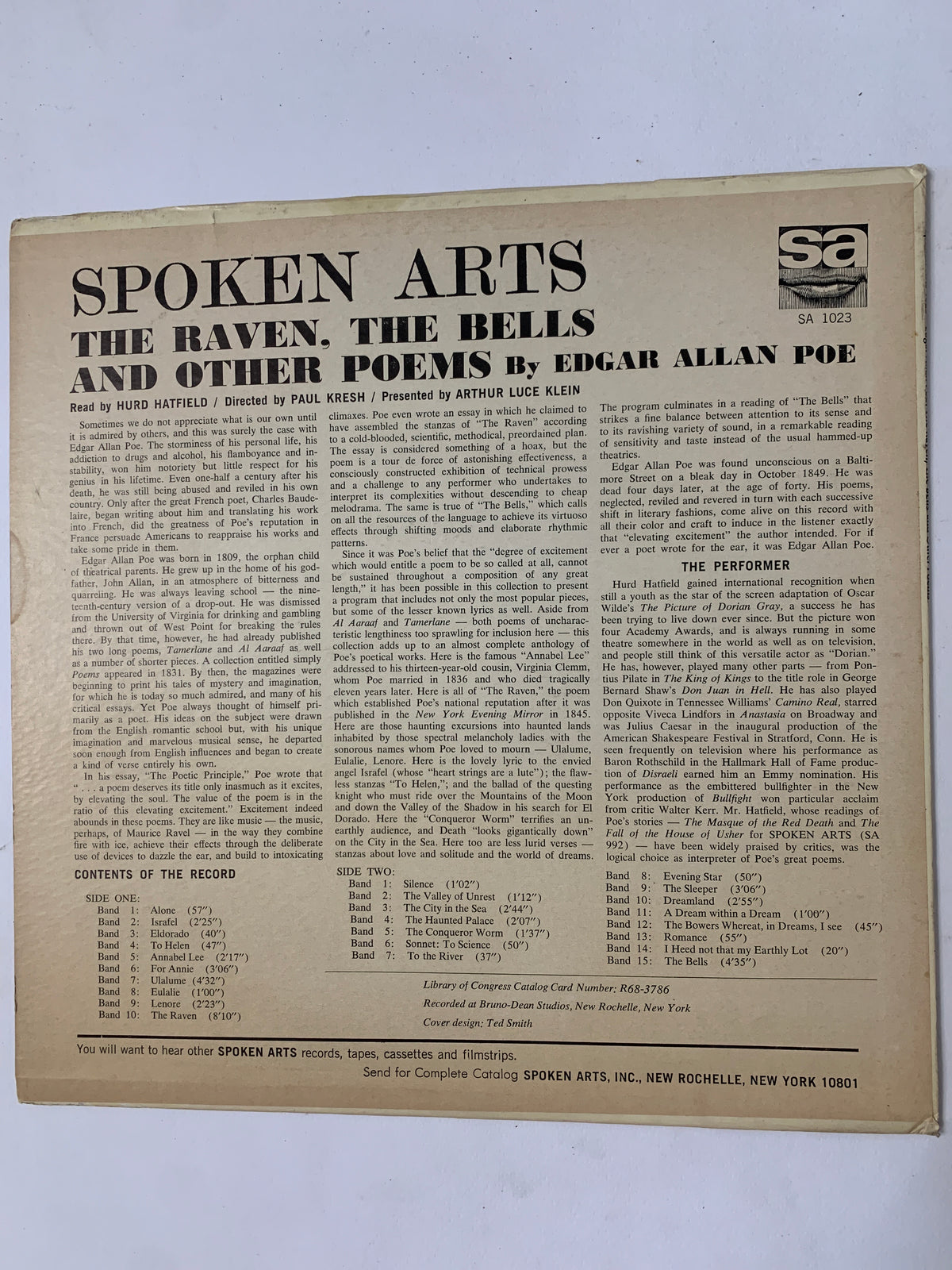 Vinile LP Edgar Allan Poe - The Raven, The Bells (Spoken Arts SA 1023 USA - Hurd Hatfield)