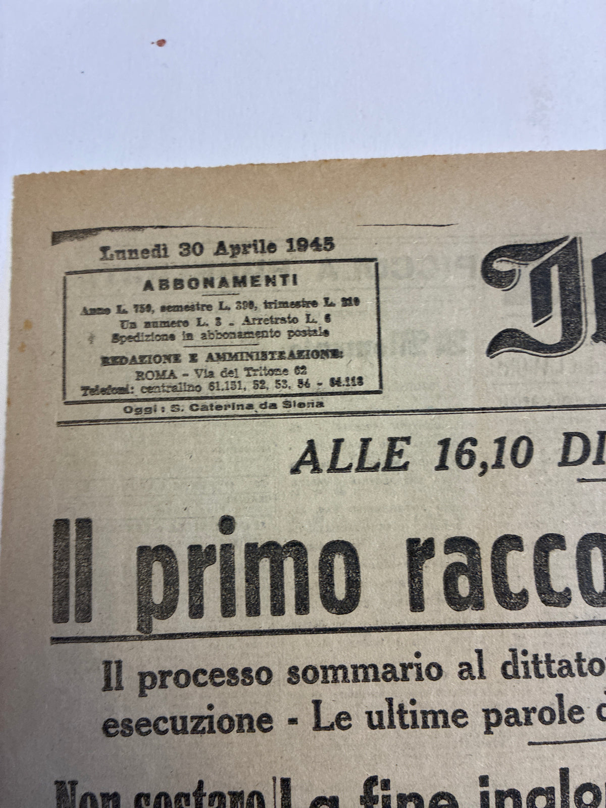 Rarissimo Quotidiano Il Momento Originale 30 Aprile 1945 {Primo Racconto Morte Mussolini E Giallo Hitler}