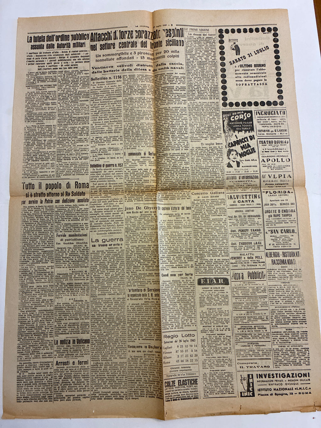 Storico Quotidiano Originale La Tribuna 27 Luglio 1943 - Edizione Completa Roma - Caduta di Mussolini