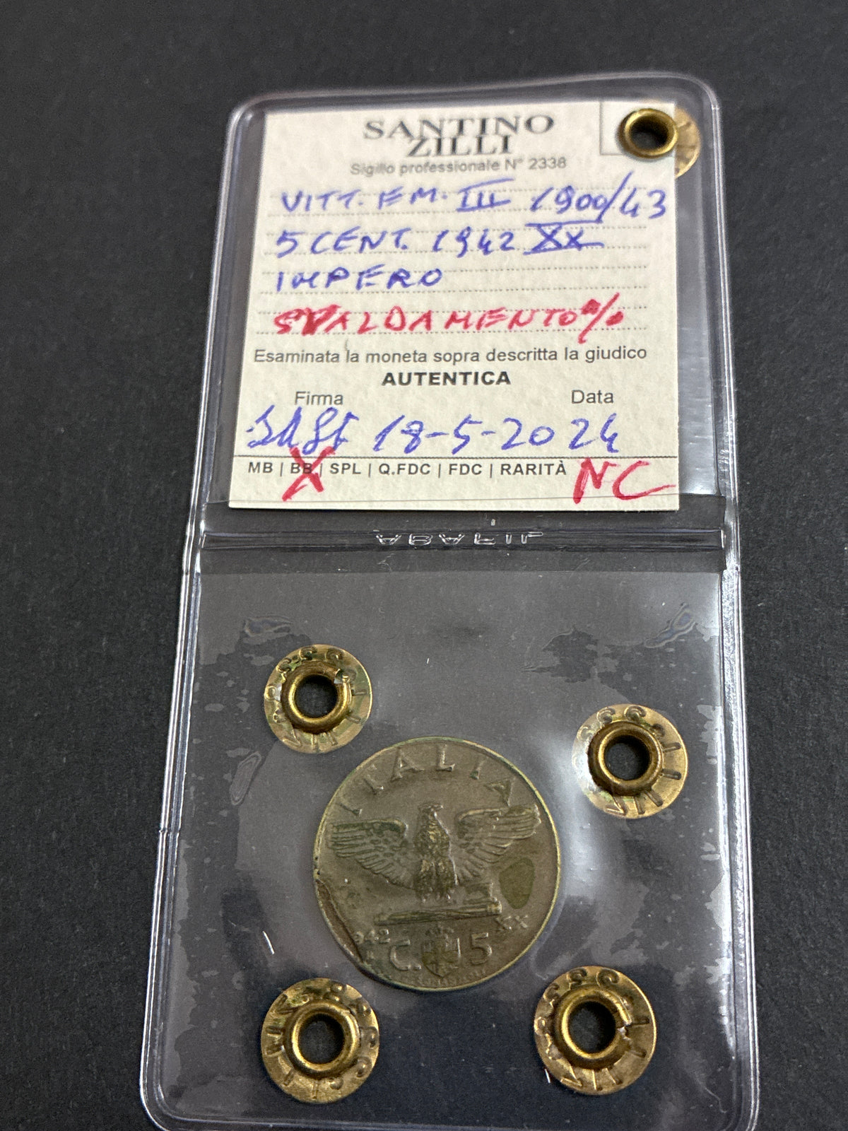 5 Centesimi 1942 XX "Impero" – Errore di Sfaldamento / Difetto di Laminazione sul Bordo Lato Aquila, Non Comune, BB