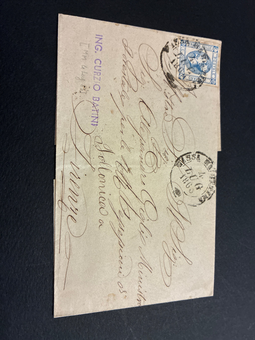 Lettera del Regno d'Italia (1863) con 15 c. del secondo tipo ex coll. Curzio Batini, da Massa Marittima a Firenze con transito Ambulante