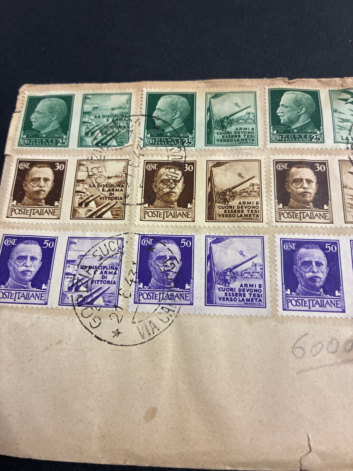 Busta filatelica del 1943 da Gorizia affrancata con serie Imperiale e propaganda bellica Fratellanza d'Armi italo-tedesca.