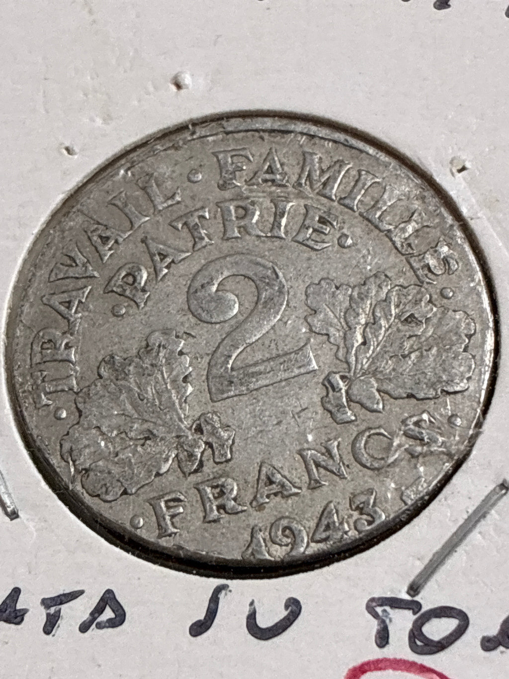 2 franchi 1943 Errore di Conio per Battitura su Tondello di Modulo Ridotto da 23 Millimetri ( 1 Franco)