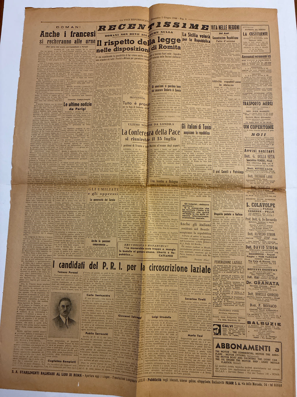 Quotidiano ORIGINALE 2 Giugno 1946 La Voce Repubblicana Referendum COMPLETO