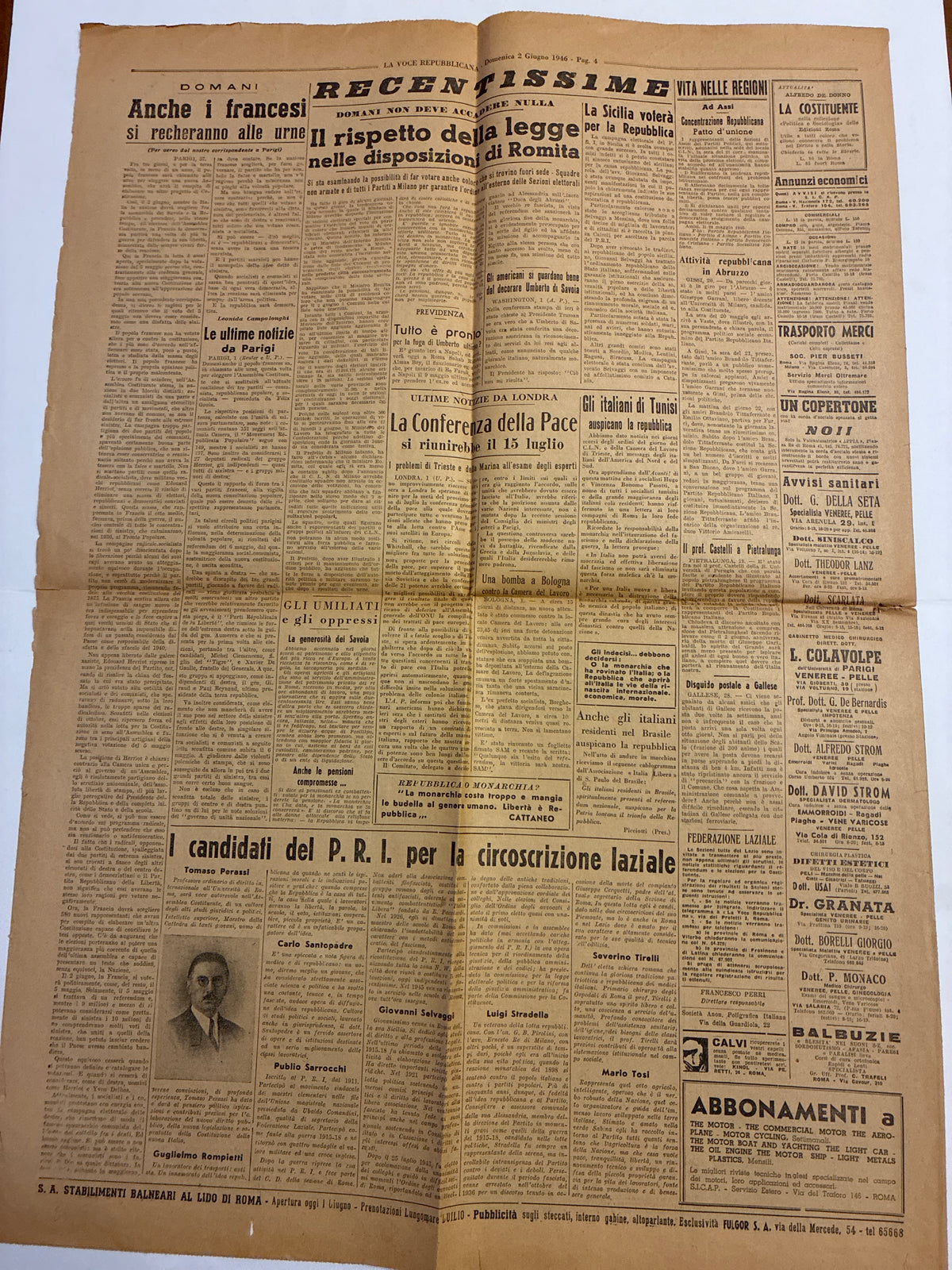 Quotidiano ORIGINALE 2 Giugno 1946 La Voce Repubblicana Referendum COMPLETO