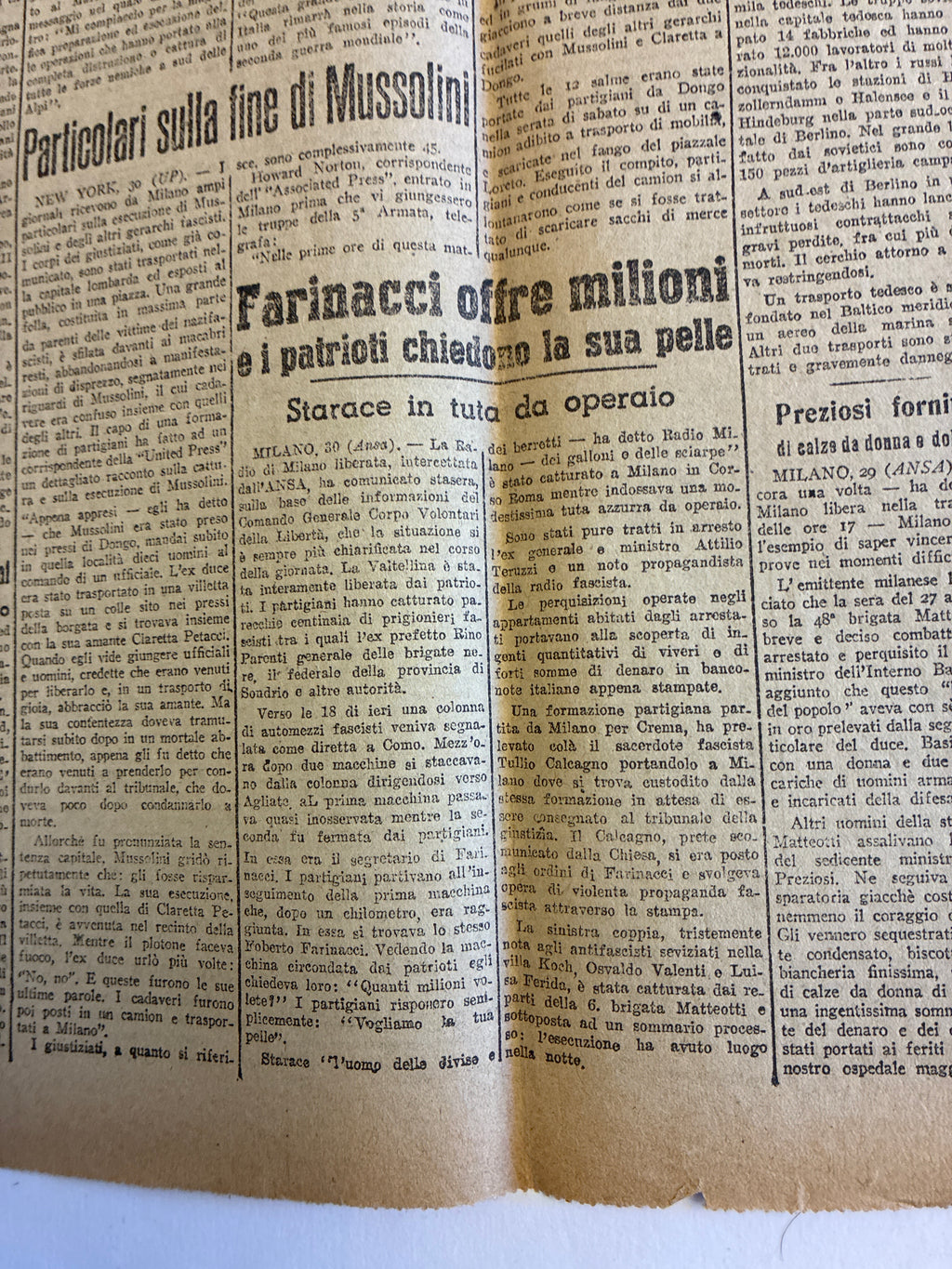 GIORNALE ORIGINALE 1 Maggio 1945 La Voce Repubblicana - FINE MUSSOLINI E LIBERAZIONE MILANO Rarità