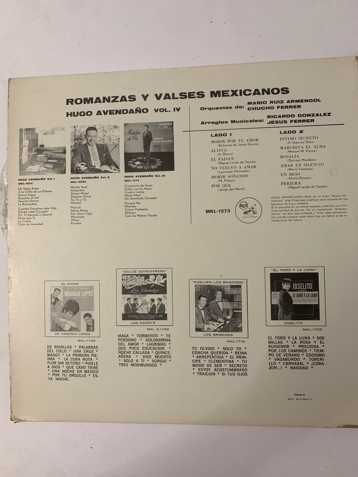 Hugo Avendaño – Romanzas y Valses Mexicanos Vol. IV (LP, RCA Victor MKL-1273)