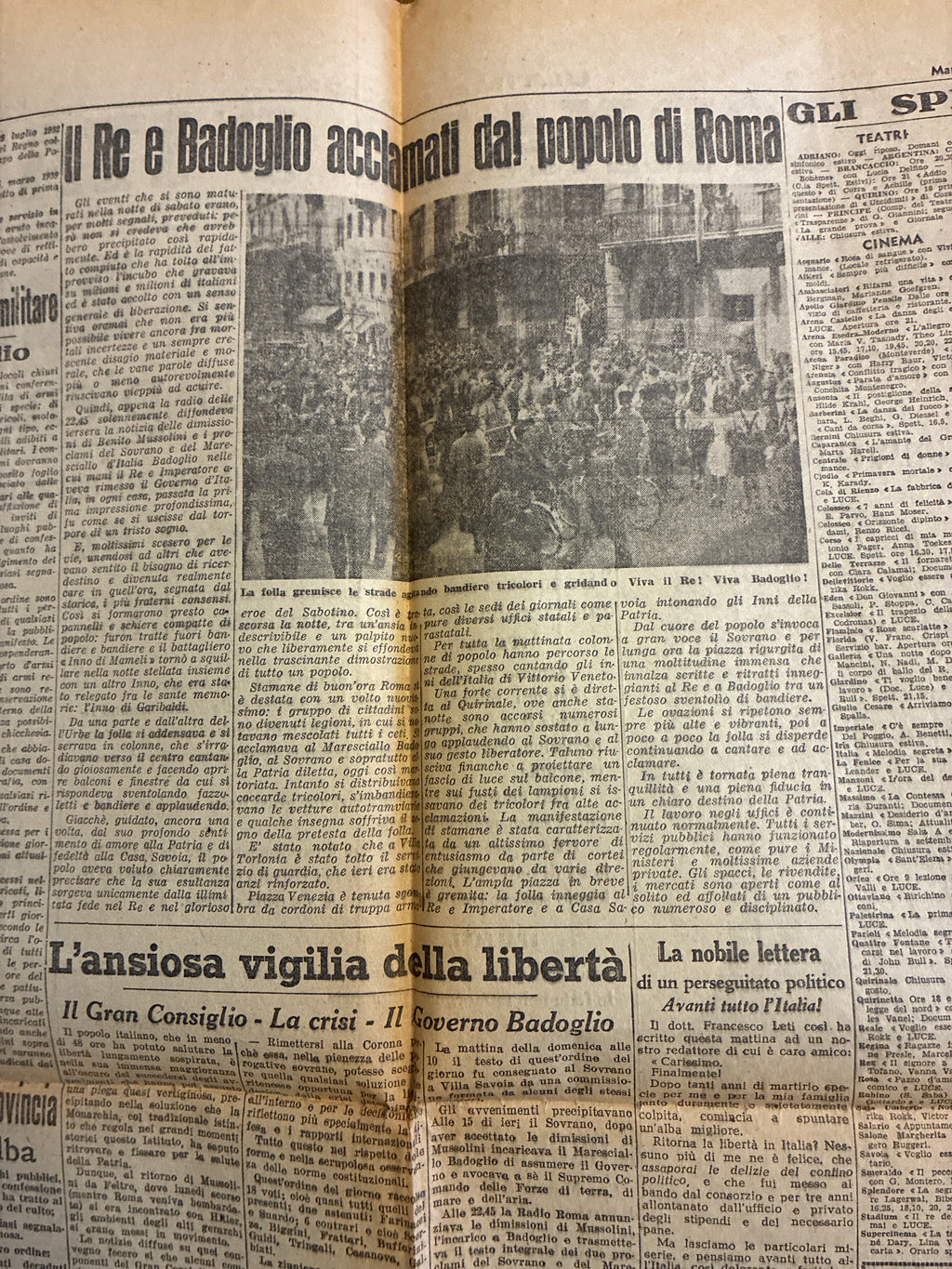 Quotidiano Originale Il Giornale d'Italia 27 Luglio 1943 - Caduta del Fascismo e Governo Badoglio