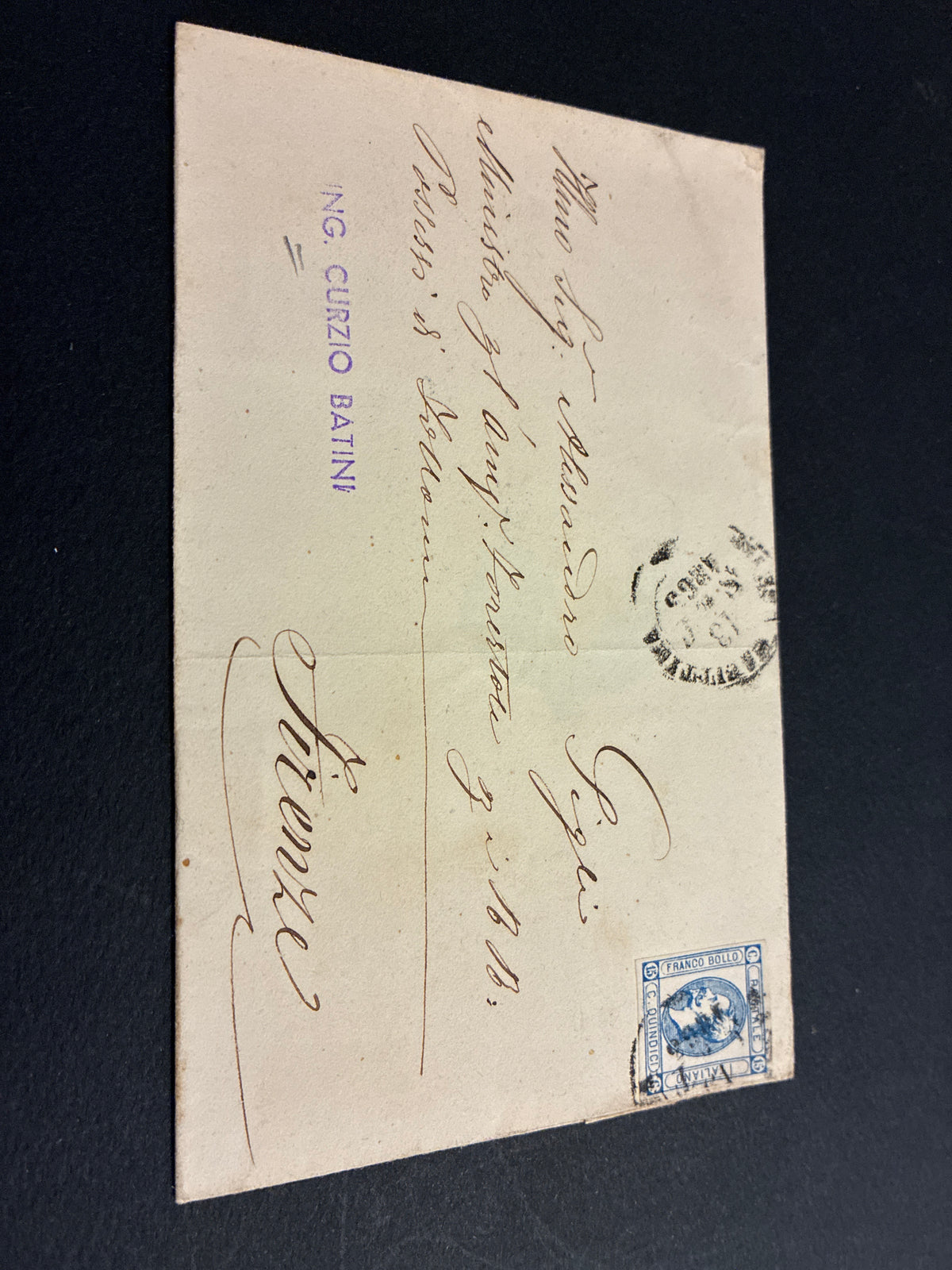 Busta 13/09/1863 Regno d'Italia 15 C. Litografico II Tipo da Massa Marittima a Firenze con Lineare Batini