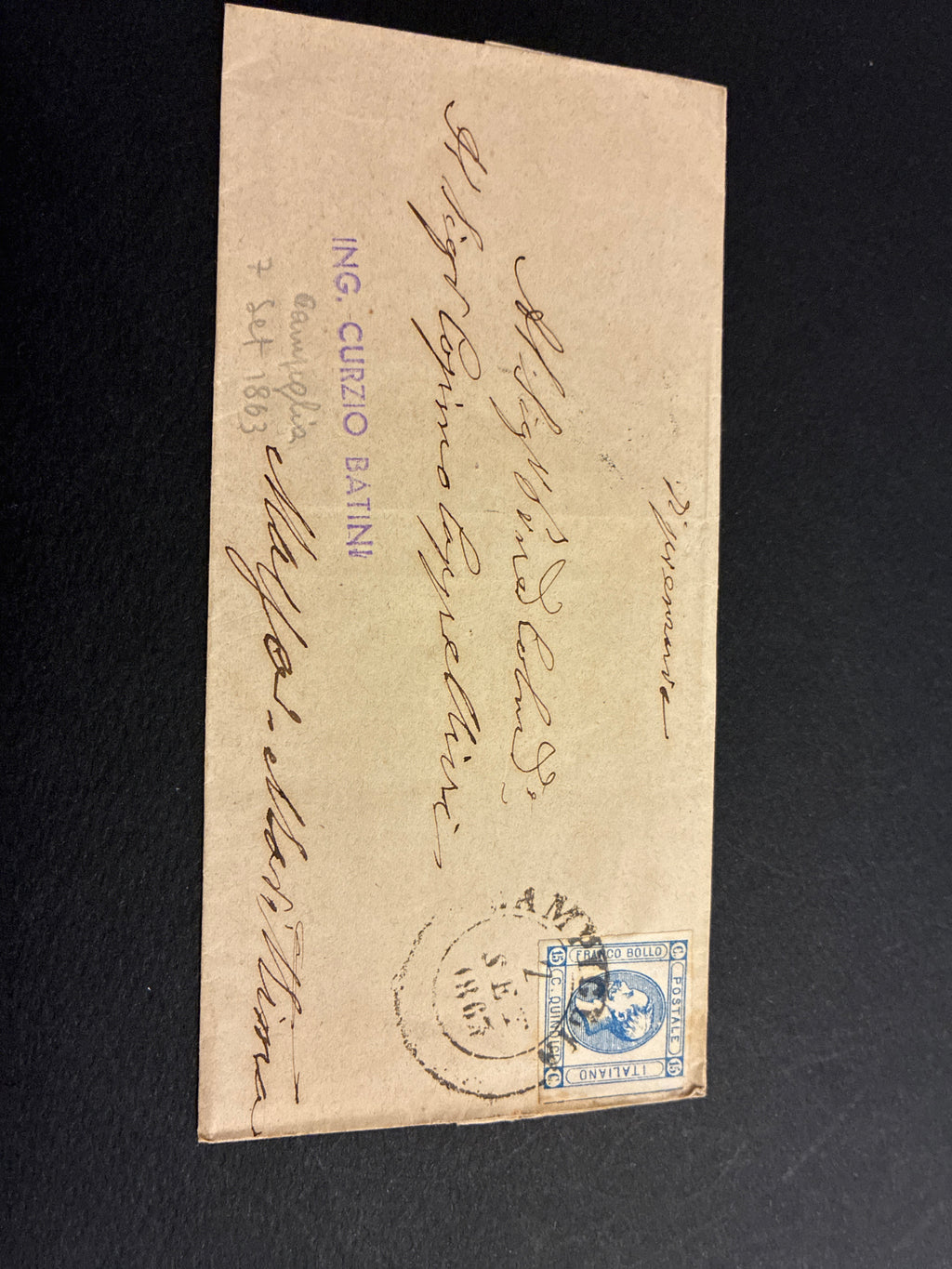 Lettera del Regno d'Italia (1863) con 15 c. del secondo tipo ex coll. Curzio Batini, annullata con timbro Ambulante Ferroviario