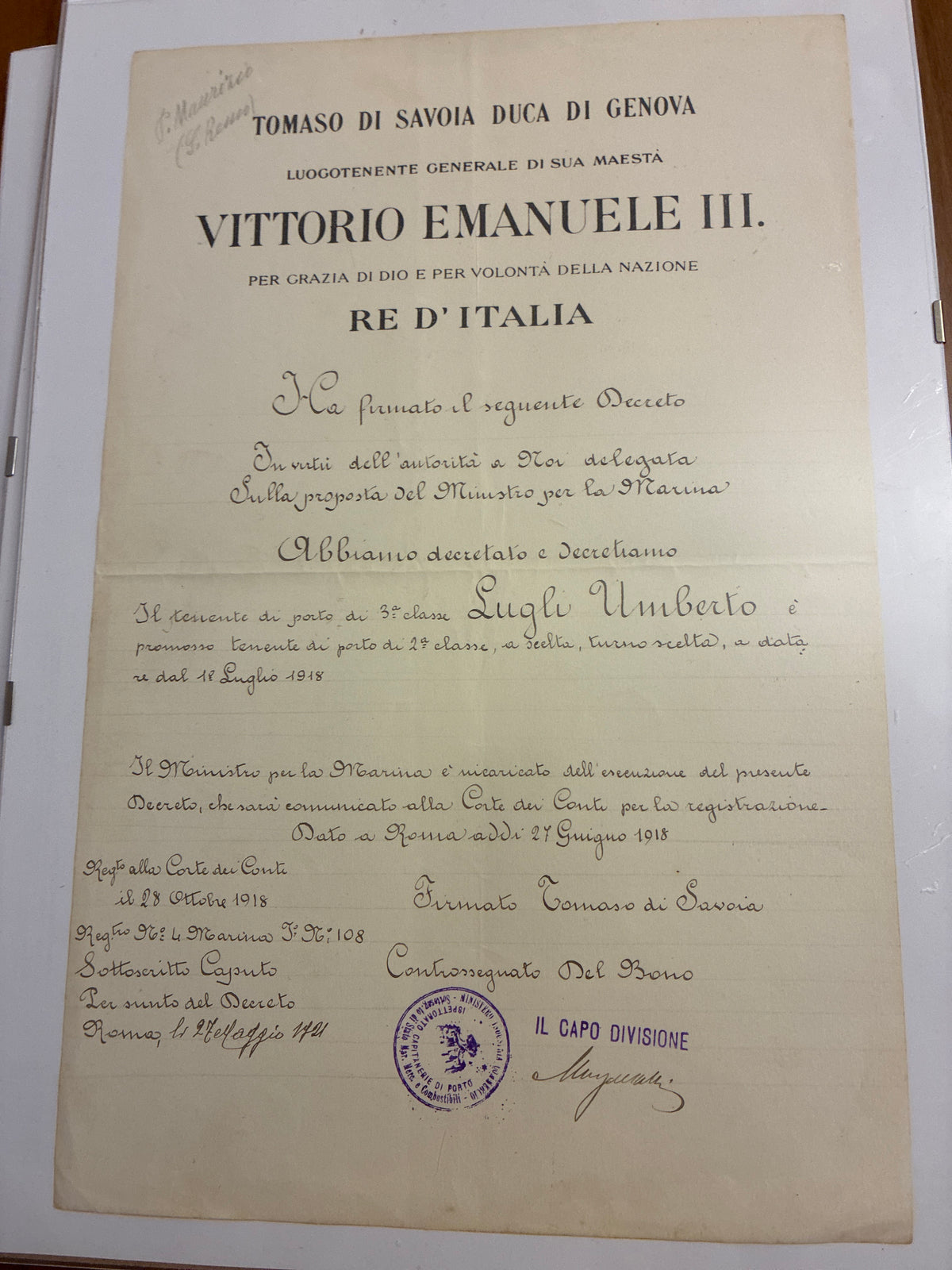Raro Decreto Luogotenenziale 1918 Grande Guerra Umberto Lugli - Tomaso di Savoia - Incorniciato Capitanerie Marina