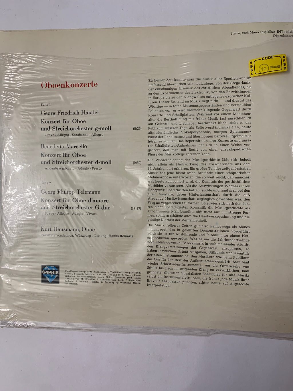 Vinile LP - Händel, Marcello, Telemann: Oboenkonzerte - Kurt Hausmann, Oboe - Saphir Intercord