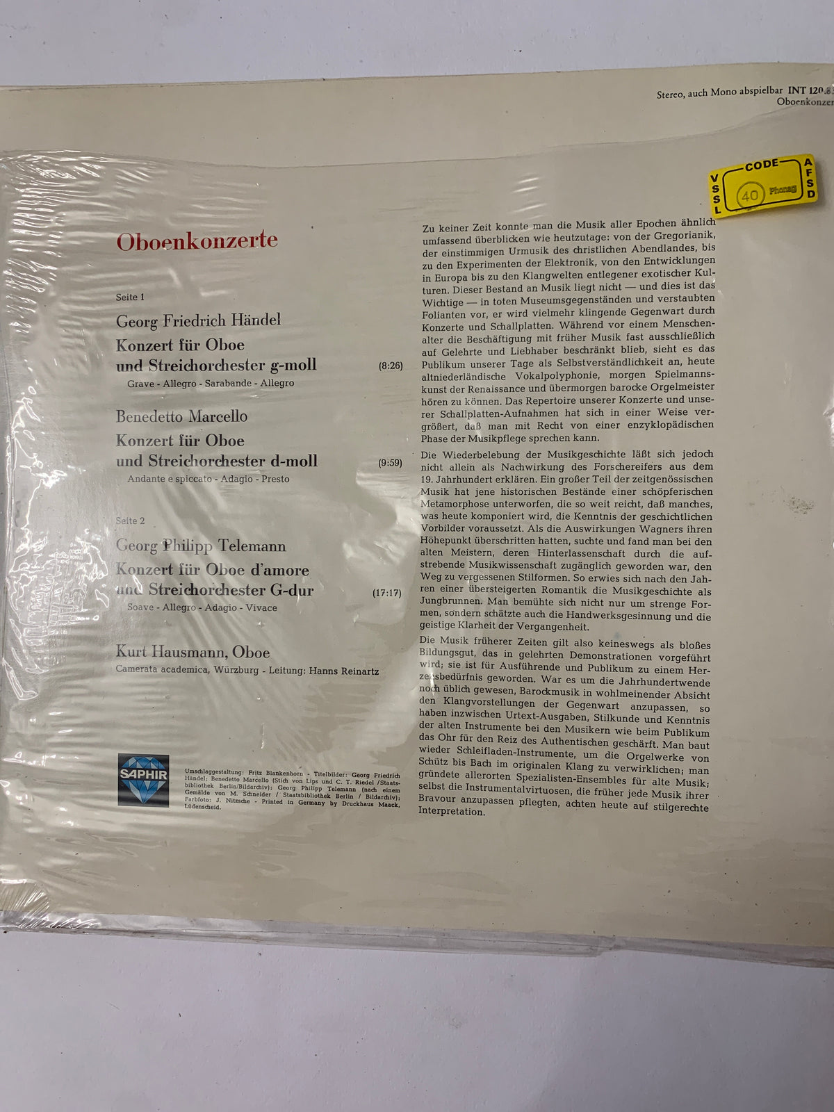 Vinile LP - Händel, Marcello, Telemann: Oboenkonzerte - Kurt Hausmann, Oboe - Saphir Intercord