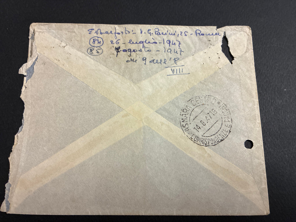 Busta intera per Posta Aerea del 1947 da Roma ad Asmara (Eritrea), affrancata con 65 Lire (coppia Rondini 25L. + Democratica 15L.), diretta al dirigente AGIP Giorgio Belforti nel periodo della presidenza di Enrico Mattei