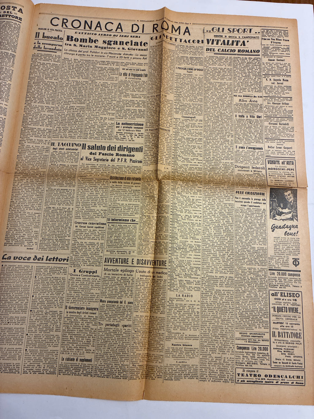 Quotidiano ORIGINALE 13 Febbraio 1944 Il Messaggero Socializzazione RSI Cassino COMPLETO