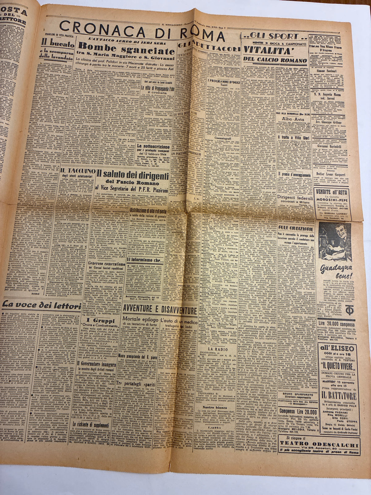 Quotidiano ORIGINALE 13 Febbraio 1944 Il Messaggero Socializzazione RSI Cassino COMPLETO