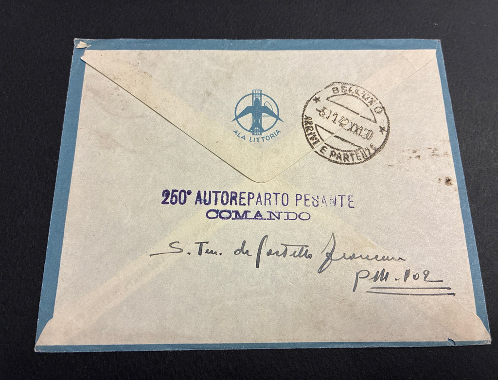 1942, Posta Militare 102: Busta di Via Aerea Ala Littoria con Francobollo da 1 Lira Sovrastampato P.M. e Lettera dal Fronte Russo del 250° Autoreparto Pesante (Divisione Alpina Tridentina) per Roma