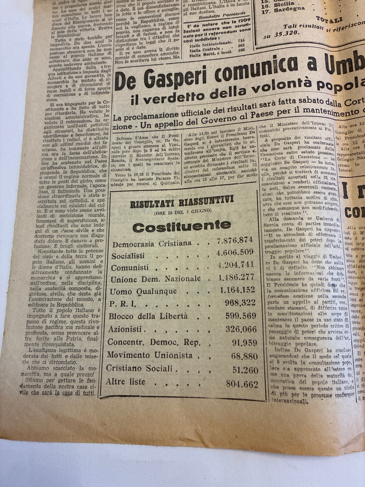 GIORNALE ORIGINALE ULTIMA EDIZIONE 6 Giugno 1946 La Voce Repubblicana - LA REPUBBLICA E' NATA Rarità Museale