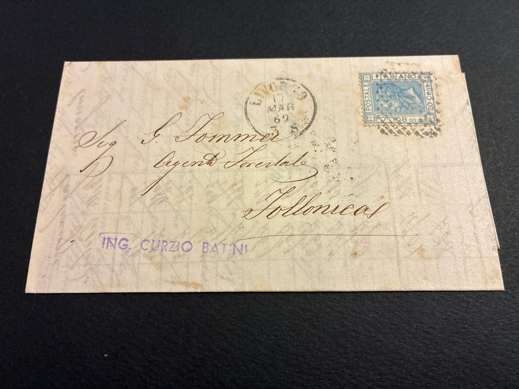 Busta Storia Postale 1869 Collezione Curzio Batini Regno D'Italia Vittorio Emanuele II Francobollo 20 Centesimi Azzurro Timbro Livorno Arrivo Follonica Agente Forestale Pommei Da Collezione