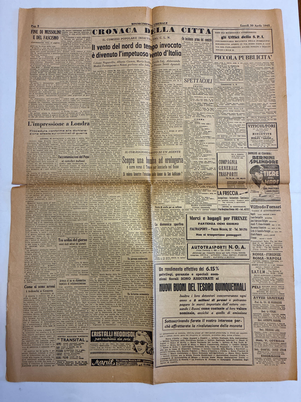 Quotidiano Storico RISORGIMENTO LIBERALE 30 Aprile 1945 - Rara Edizione Originale "Fine di Mussolini e del fascismo" (Piazzale Loreto)