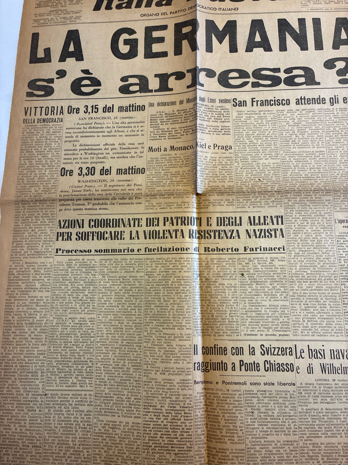 Raro Quotidiano Originale Italia Nuova 29 Aprile 1945 - Edizione Completa Roma - La Germania si è Arresa
