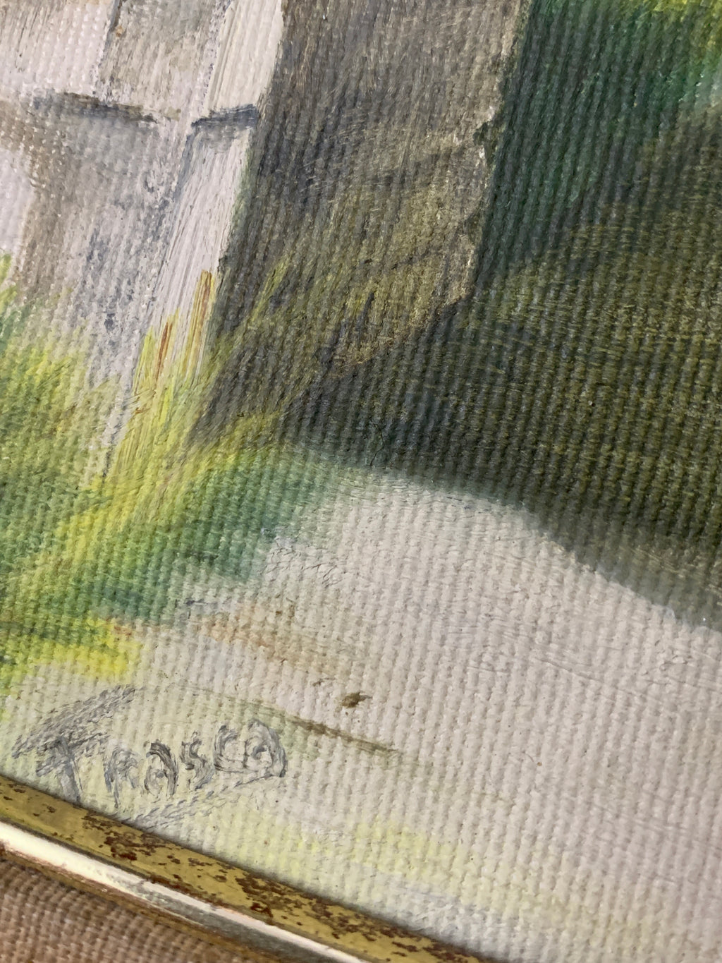Dipinto a olio su tela "Scorcio paesaggistico attraverso arco in pietra" - Firmato "Frasca" (con cornice dorata)