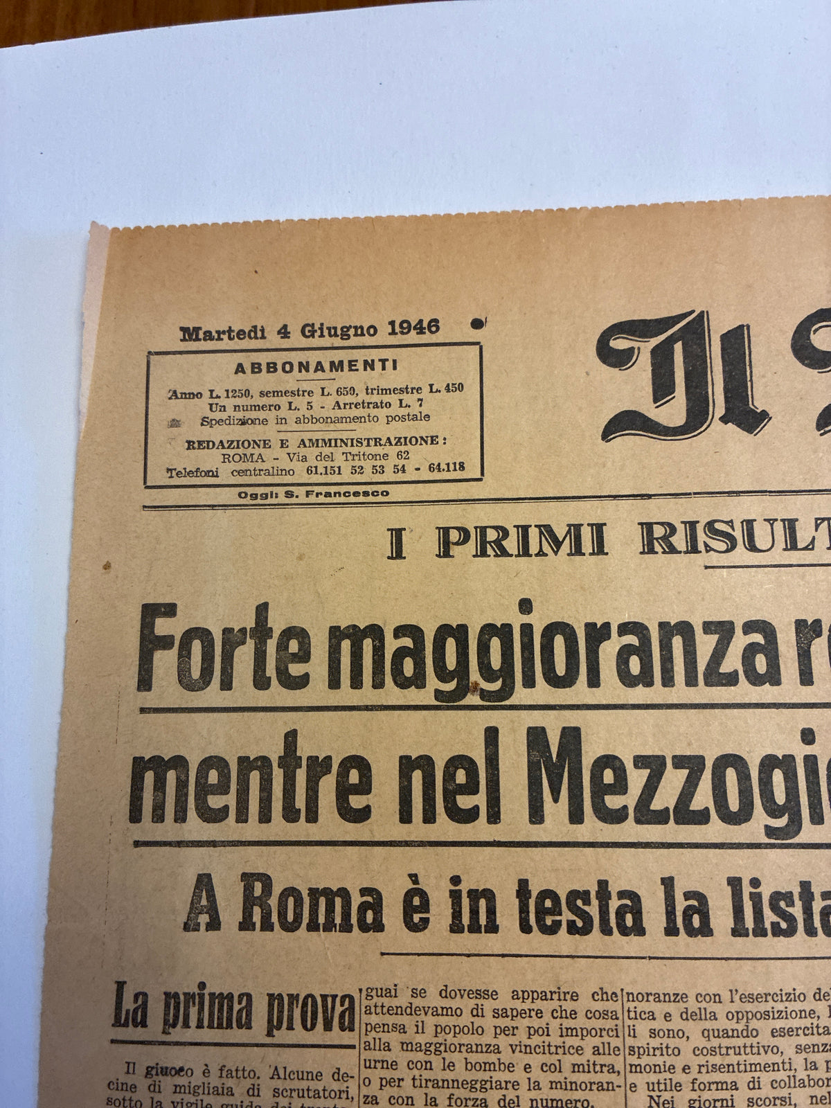 GIORNALE ORIGINALE 4 Giugno 1946 Il Momento - REFERENDUM REPUBBLICA MONARCHIA Rarità