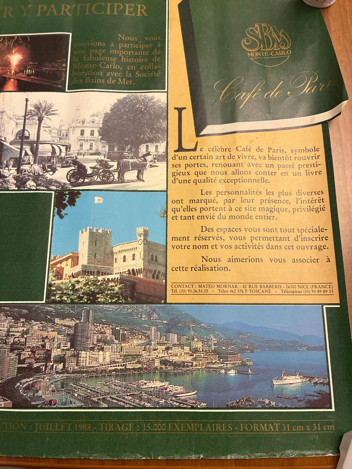 Manifesto Pubblicitario Originale 1988 - Café de Paris Monte-Carlo SBM - Raro