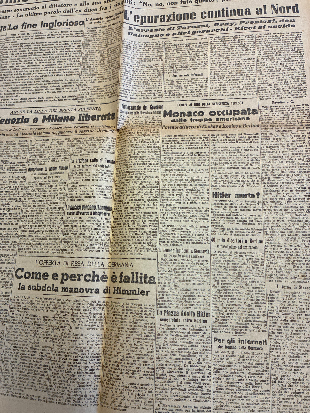 Rarissimo Quotidiano Il Momento Originale 30 Aprile 1945 {Primo Racconto Morte Mussolini E Giallo Hitler}