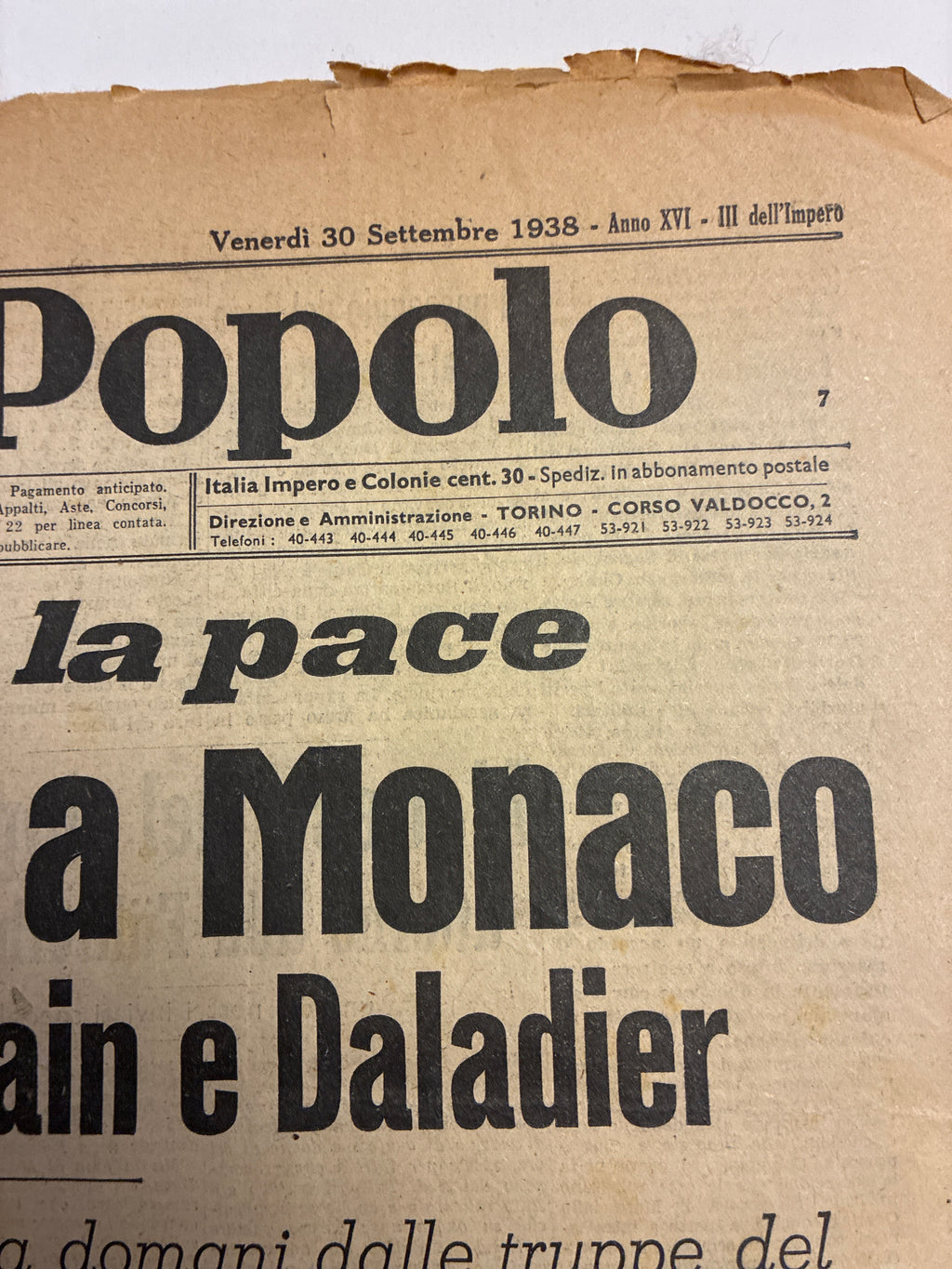 Quotidiano Storico Gazzetta del Popolo 30 Settembre 1938 Accordo Monaco Fascismo Mussolini