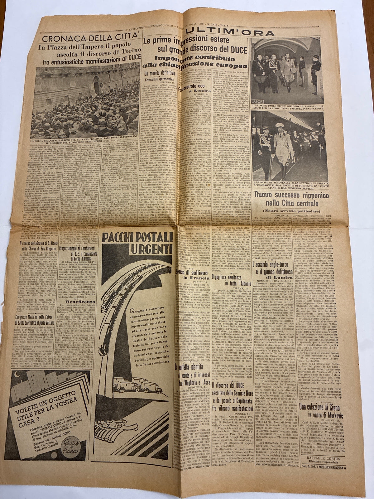 Quotidiano Originale Epoca La Gazzetta del Mezzogiorno 15 Maggio 1939 Discorso Duce Torino