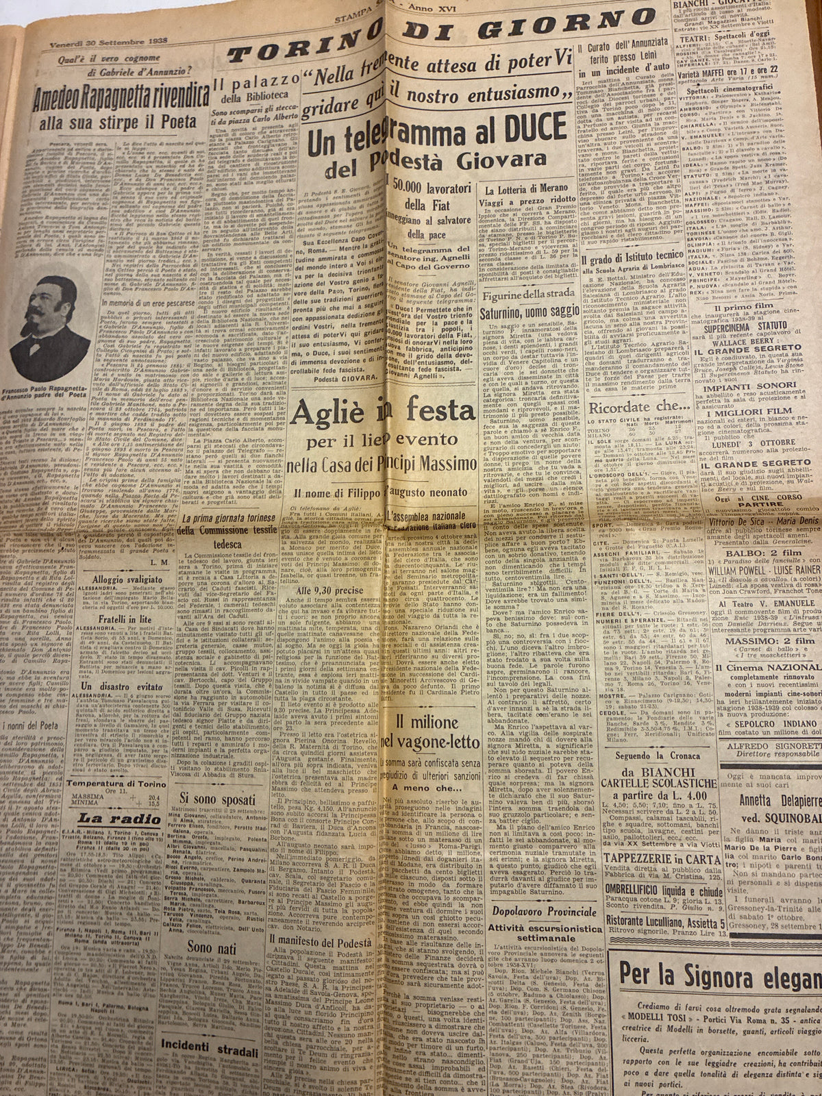 Quotidiano Storico Stampa Sera 30 Settembre 1938 Conferenza di Monaco Mussolini Hitler
