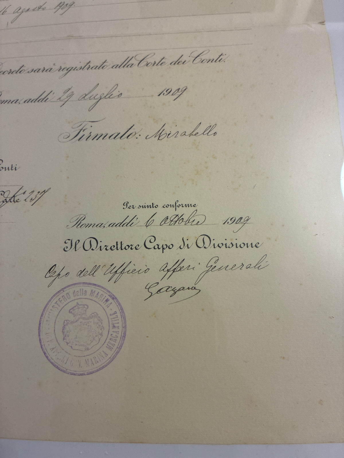 Raro Decreto Ministeriale 1909 Stipendio Regia Marina Umberto Lugli - Ministro Mirabello Timbro Viola - Incorniciato Storia Sabauda