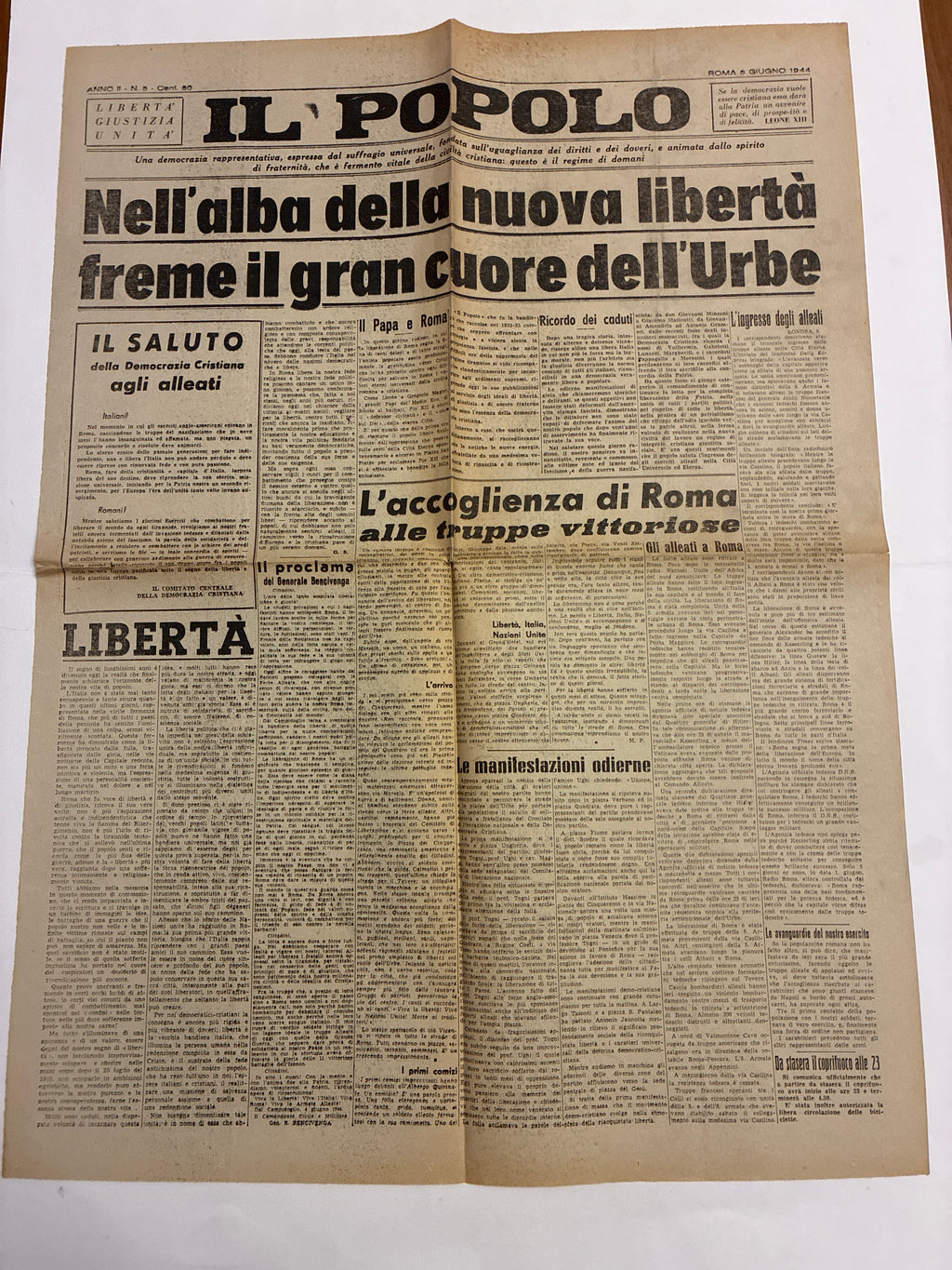 Quotidiano ORIGINALE 5 Giugno 1944 Il Popolo ECCEZIONALE INTROVABILE Liberazione Roma Fronte Unico COMPLETO