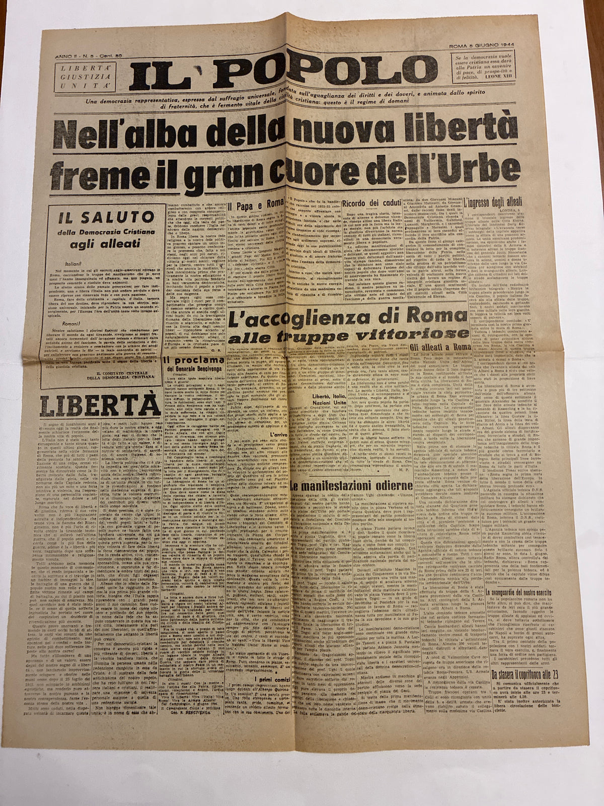 Quotidiano ORIGINALE 5 Giugno 1944 Il Popolo ECCEZIONALE INTROVABILE Liberazione Roma Fronte Unico COMPLETO