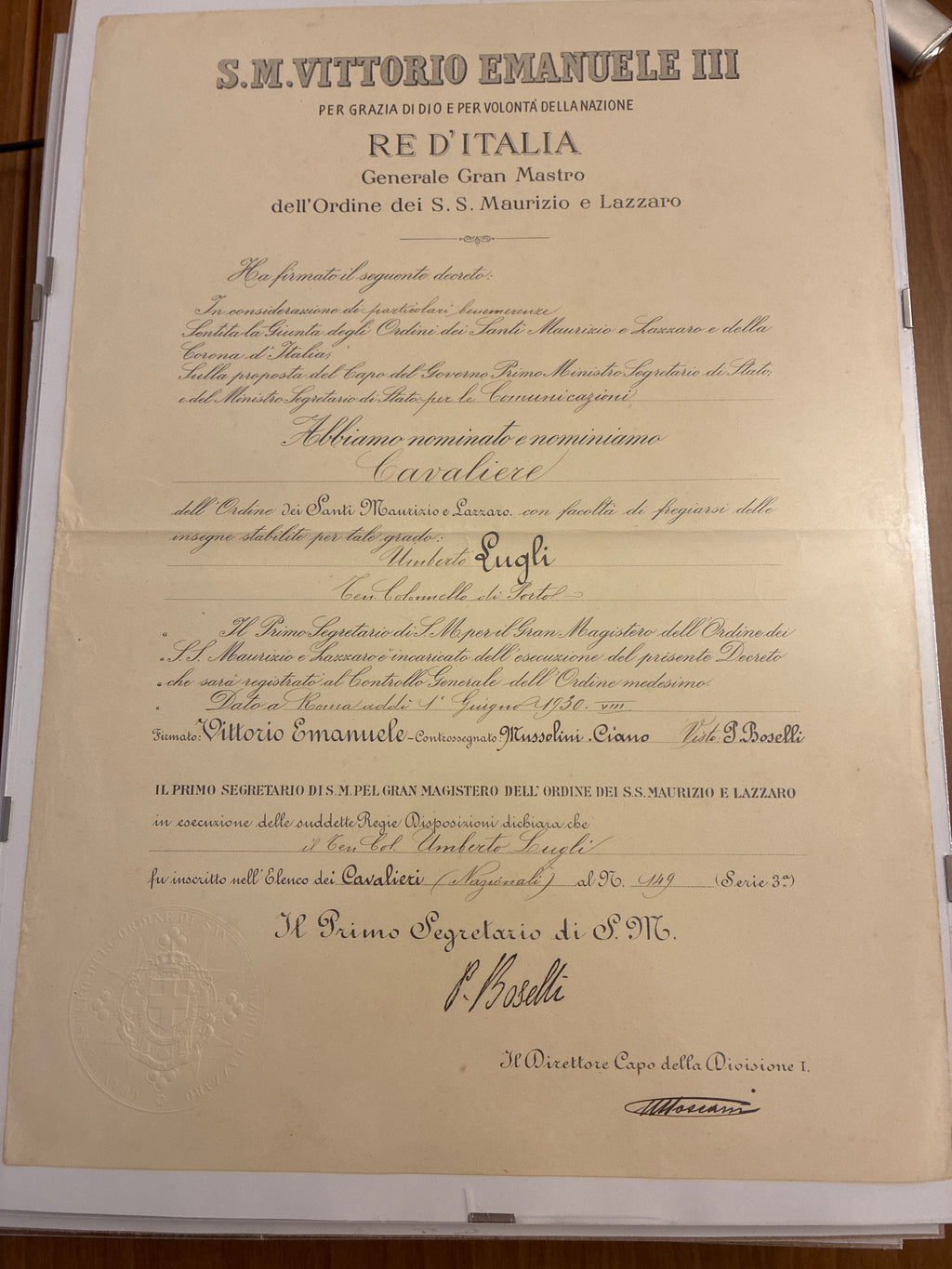 Raro Decreto 1930 Cavaliere Santi Maurizio e Lazzaro - Timbro a Secco e Firma Autografa Boselli - Incorniciato Umberto Luglio