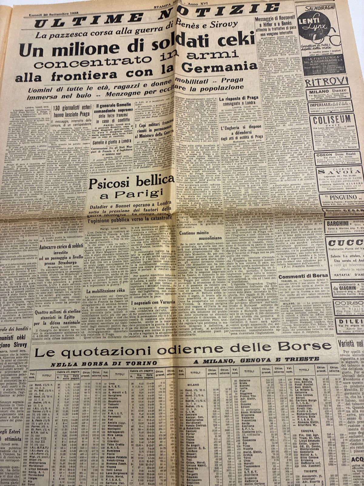 Quotidiano Storico Stampa Sera 26-27 Settembre 1938 Crisi di Monaco Fascismo Mussolini